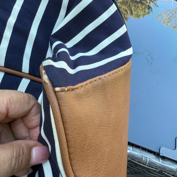 Madden Girl Navy and White Striped Tote with Brown Trim - Picture 2 of 16